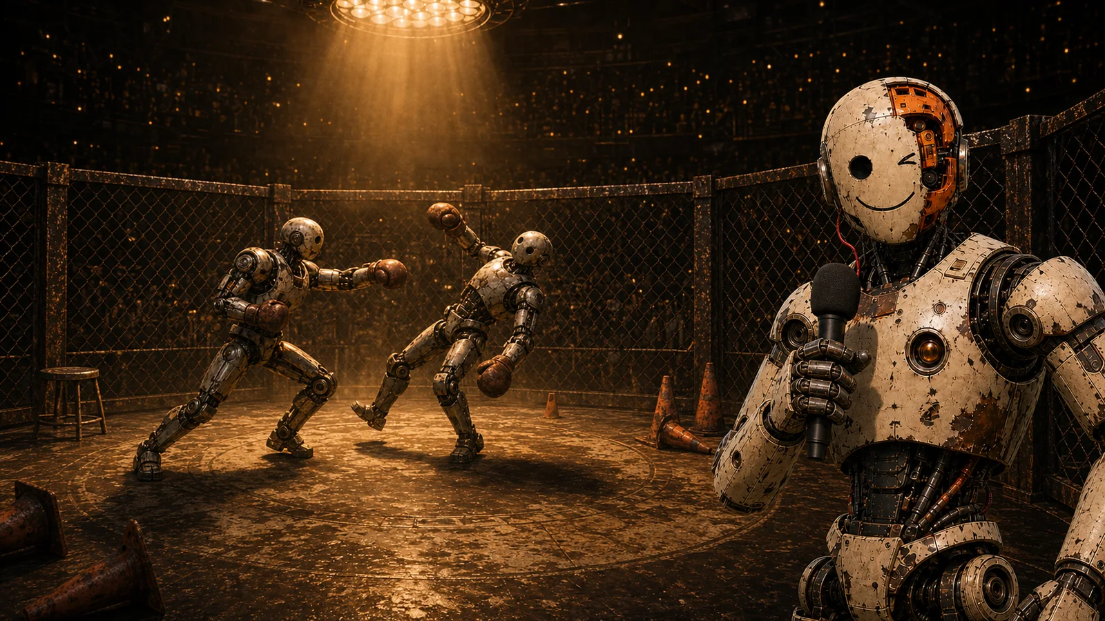 Two clumsy humanoid robots boxing while CAGEBOT reports from ringside